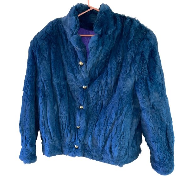 Vintage 1980s Womens Jacket Size XL Blue Bomber Style Rabbit Pockets Casual